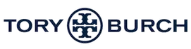 Logo featuring the name “TORY BURCH” in navy blue caps, separated by a circular symmetrical emblem with mirrored geometric shapes.