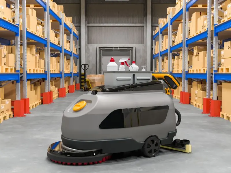 Floor scrubber machine with cleaning supplies in a warehouse filled with shelves and cardboard boxes.