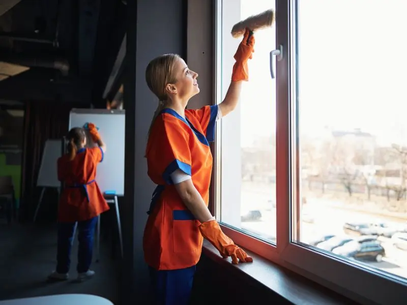 Female cleaner dusts interior office window with natural light and city view, showcasing expert commercial window and surface cleaning service.