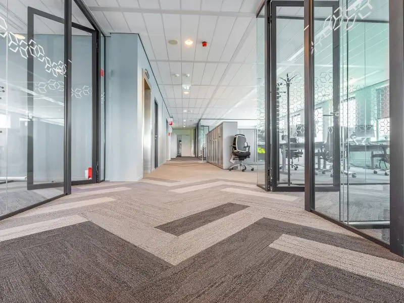 Office corridor with glass walls and patterned carpet flooring.
