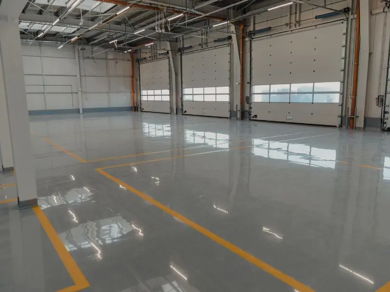 Empty warehouse interior with polished epoxy floors and yellow markings.