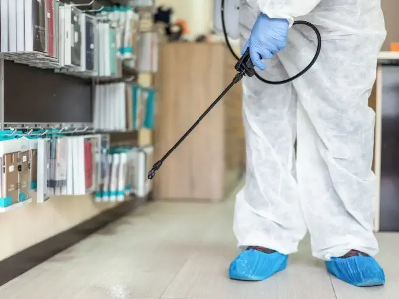 Worker in protective suit spraying disinfectant on floor in a commercial store.