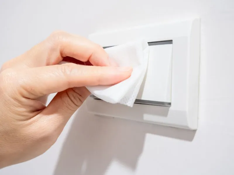 Hand wiping a rocker light switch with a disinfectant cloth to sanitize a high-touch surface.