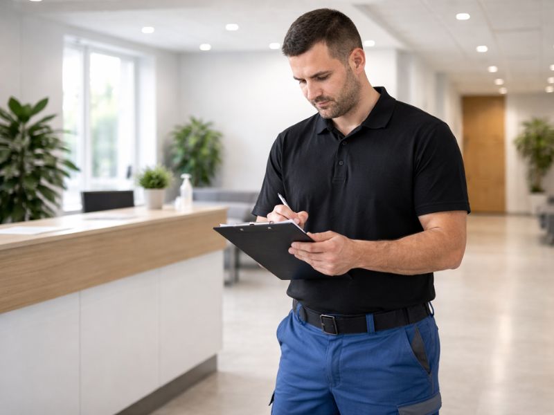 Man in black polo shirt checking an office cleaning checklist on a clipboard in a modern lobby