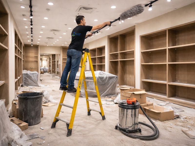 Man standing on a yellow ladder cleaning construction dust from ceiling lights with a long duster in a retail space renovation, demonstrating the top-to-bottom cleaning rule.