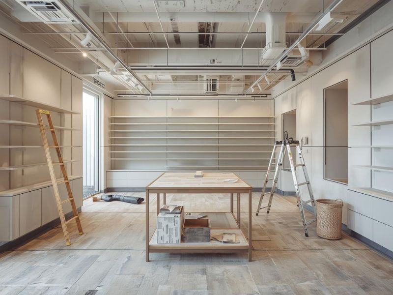 Bright modern retail interior with empty wall shelves, ladders, and work table during post-renovation cleanup after construction dust.