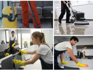Collage of professional cleaners performing office tasks like vacuuming, floor polishing, and disinfecting desks with gloves.