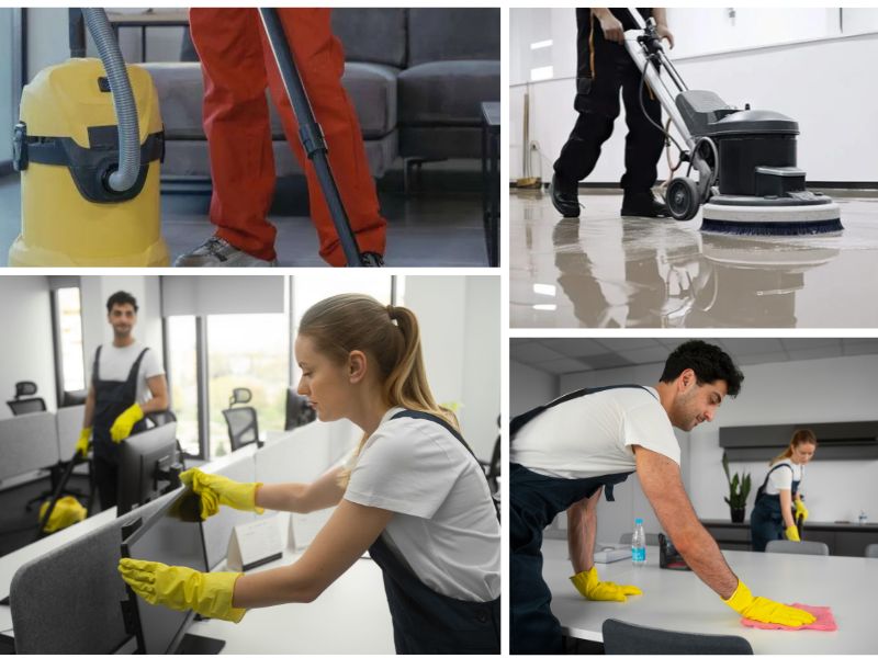 Collage of professional cleaners performing office tasks like vacuuming, floor polishing, and disinfecting desks with gloves.