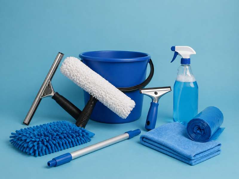 Window cleaning tools set with squeegees, scrubber, bucket, spray bottle, and microfiber cloths on a blue background
