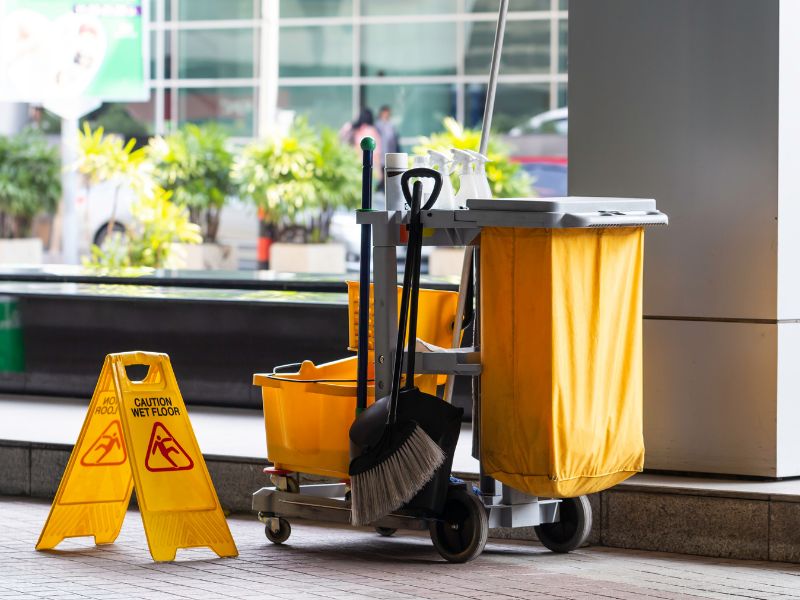 Commercial janitorial cart with mop bucket, cleaning tools, and wet floor caution signs in a modern building entrance.