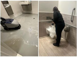 Side-by-side comparison of deep cleaning and regular cleaning in a commercial restroom with floor scrubbing and routine maintenance.