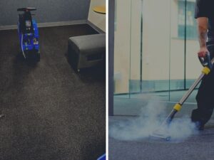 encapsulation carpet cleaning vs steam cleaning methods shown side by side on commercial carpet.